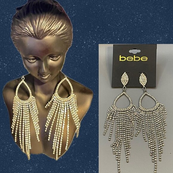 Bebe Crystal Reverse Teardrop Graduated Fringe Chandelier Post Closure Earrings - Picture 1 of 3